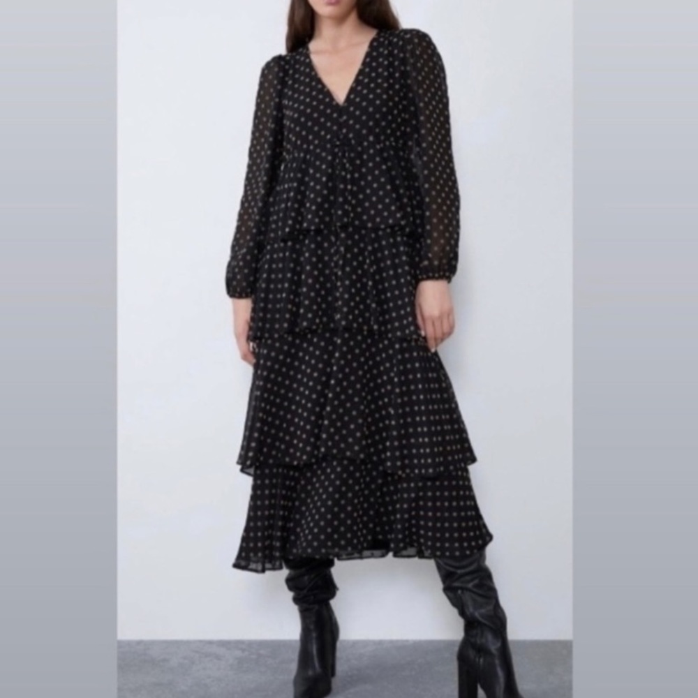 Zara Black Gold Polka‎ Dot Tiered Ruffled Long Sleeve Chiffon Midi Dress